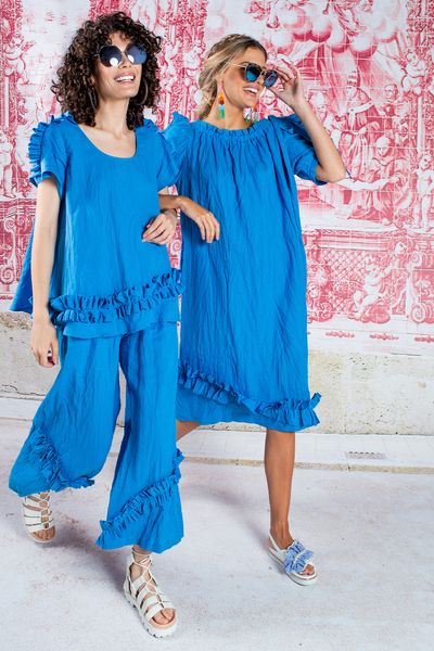 RUFFLE OF LOVE TOP
								, 			PULL STOP PANT
								, 			RUFFLE + STRIPE DRESS