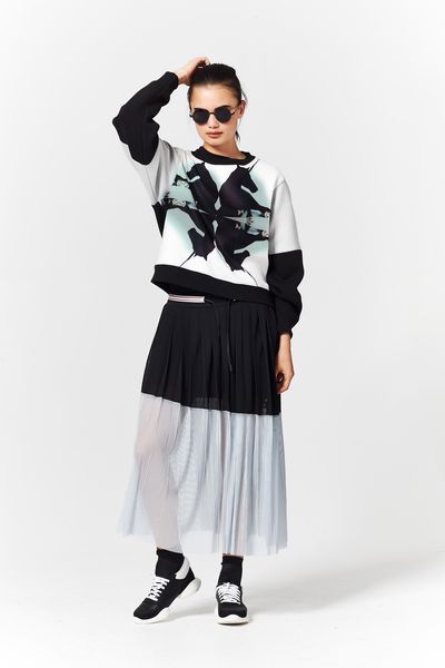 DARK HORSE 'UNICORNS COLLIDE' SWEATSHIRT
								, 			PLEATS AND THANKYOU 'PIN STRIPE DREAMS' SKIRT