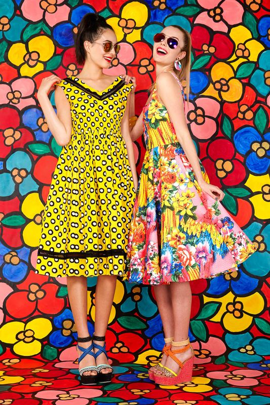 BANANARAMA 'BLACK AND YELLOW' DRESS
								, 			PARROT-CHUTE 'WHERE'S POLLY' DRESS